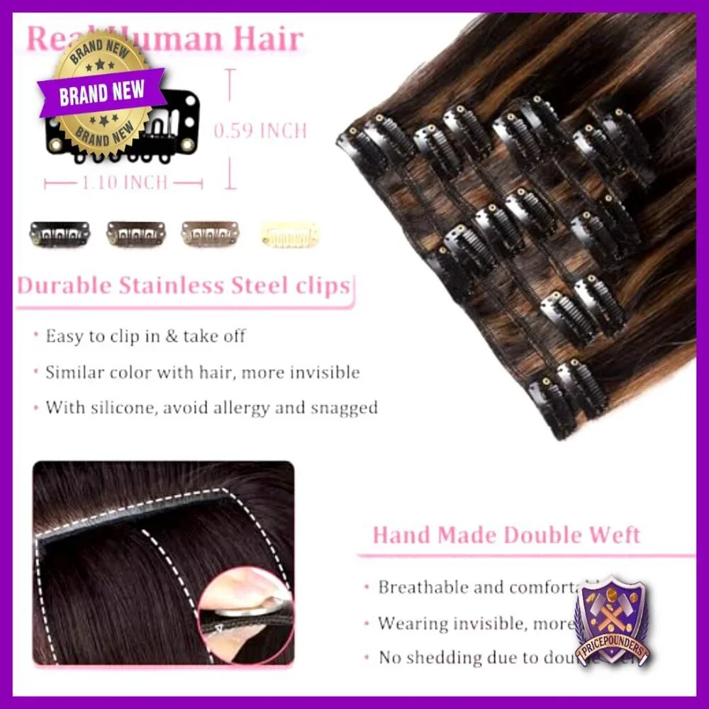 8Pcs Clip In Human Hair Extensions 16 Inch Straight Double Weft